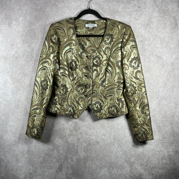 Kay Unger Blazer Jacket 4 Green Metallic Paisley Wool Blend Crop Art Old Money - Picture 1 of 10